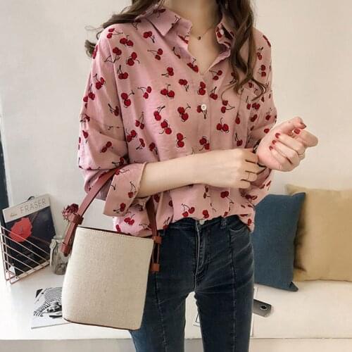 Loose Style Women Casual Blouse Shirt Cotton Cherry Print Long Sleeve Shirt Female White Printed Shirts Plus Size Clothes DD2321