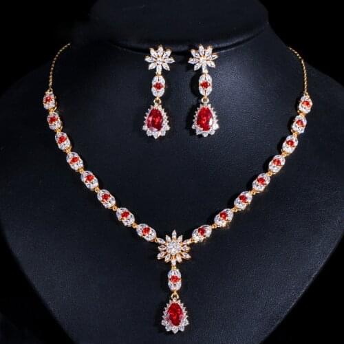 Top Qualiay Rose Gold Color Ruby Gemstone Wedding Engagement Jewelry Sets 925 Sterling Silver Necklace/Earrings Set Wholesale
