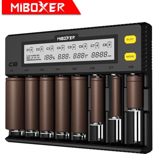 MiBOXER C8 Battery Charger 8 Slots LCD Display for Li-ion LiFePO4 Ni-MH Ni-Cd AA 21700 20700 26650 18650 17670 RCR123 18700