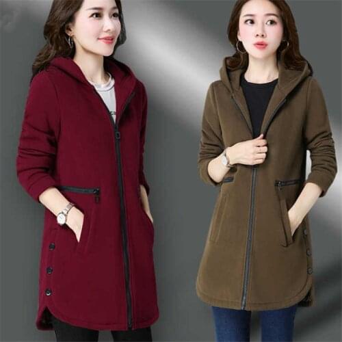 2021 New Spring Autumn Women Zipper Plus Fleece Sweatshirt Jacket Hooded Loose Mid-length Coat Warm Solid Casual Female Jackets