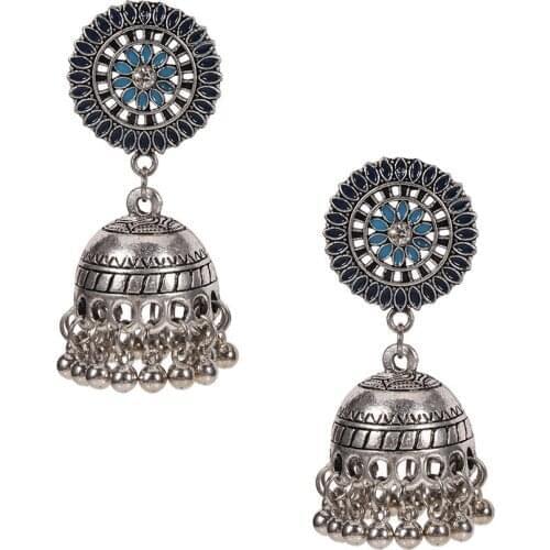 Women Ethnic Retro Round Indian Jhumka Earrings Classic Enamel Flower Tassel Earrings Wedding Afghan Tribal Jewelry Bijoux