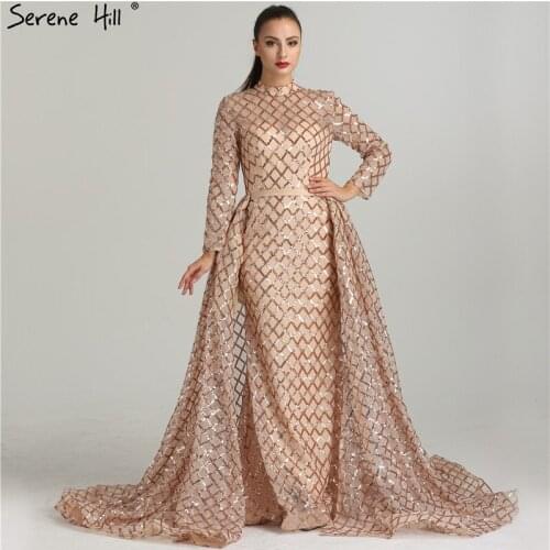 2020 Gorgeous Gold Long Sleeve Glitter Evening Dresses Dubai Arabic Robe De Soiree Party Gown New Design Serene Hill BLA6414