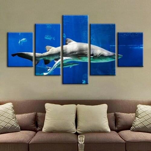 Big Ocean Shark Sea Fish 5 Panel Canvas Picture Print Wall Art Canvas Painting Wall Decor for Living Room Poster No Framed