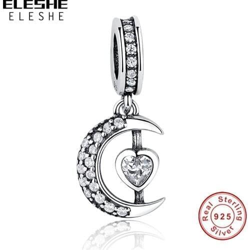 5PCS/lot ELESHE S925 Sliver Moon With CZ Pendant Charm Heart Bead Fit Original Bracelet & Necklace DIY Jewelry Making