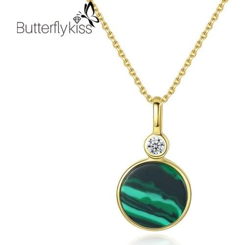 BK Real 925 Silver Pendant Necklaces For Women Girl Round Simple Malachite Fine Jewelry Engagement Anniversary Female Gifts