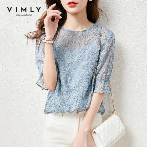 VIMLY Summer Womens Blouse Elegant Round Neck Flare Sleeve Shirt Office Lady Chiffon Blouse Minimalism Tops Female Blusas F7030