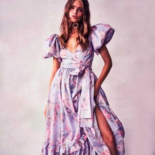 BOHO INSPIRED rose print faux wrap drsss women puff sleeve long bow tied party dress 2020 new summer dress new cute party dress