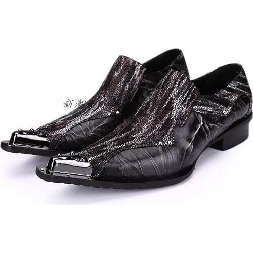 Christia Bella Personalized Sequins Splicing Black Genuine Leather Male Prom Shoes Business Party Mens Metal Pointed Toe Shoes