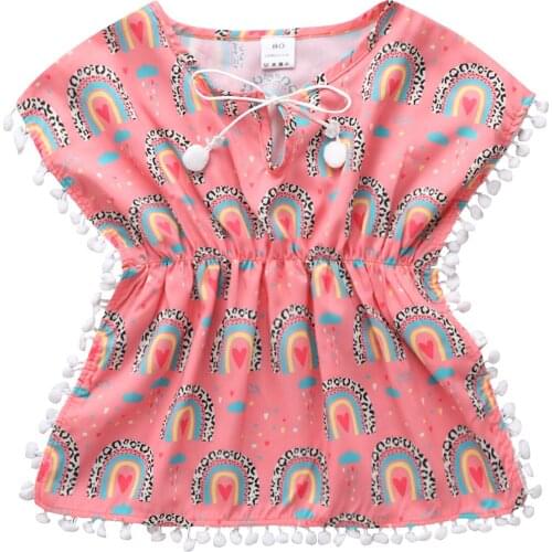 Kids Beach Dress, Rainbow Print Round Collar Sundress Beachwear for Summer, Pink/Blue/White, 1-5 Years