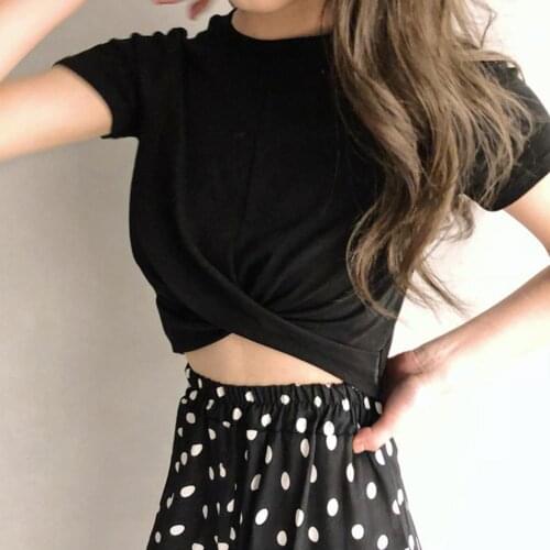 Women T-shirt Simple Sexy Solid Color Criss-cross Hem Top Short Sleeve O Neck T-shirt Casual Female Tops Plus Size Summer