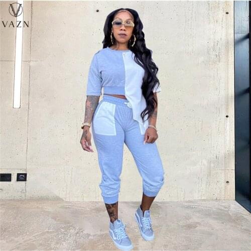 VAZN 2020 Hot O-neck Women Full Sleeve Casual Loose Sport Set Tracksuit Sexy Suit Two Piece Set Sport Running Lady Sets
