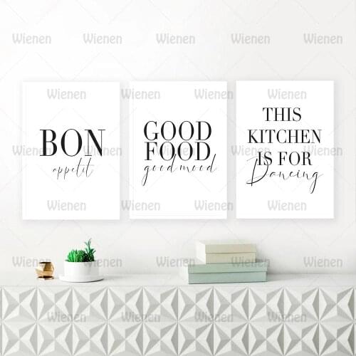 Good Mood Bon Appetit Quotes Canvas Painting Minimalist Good Food Black White Wall Art Poster Print Pictures Kitchen Home Decor