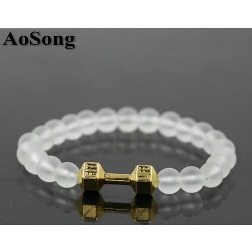 BPPCCR Crystal Matte beads 8MM Gold Color Men women Dumbbell Chakra Yoga cristal stone Bracelets Reiki Fit Life pulseira
