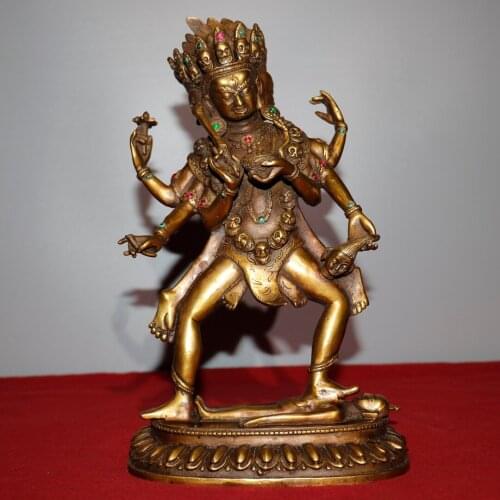 11"Chinese temple collection Old Bronze mosaic Gem Three heads and eight arms Mahakala Buddha Statue Holy Salvation Buddha