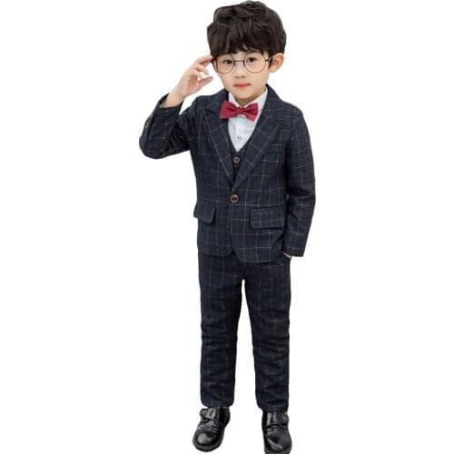 Boys Plaid Jacket Vest Pants 3Pcs Clothing Set Gentleman Formal Wedding Suit Kids Children School Performance Graduation Dress