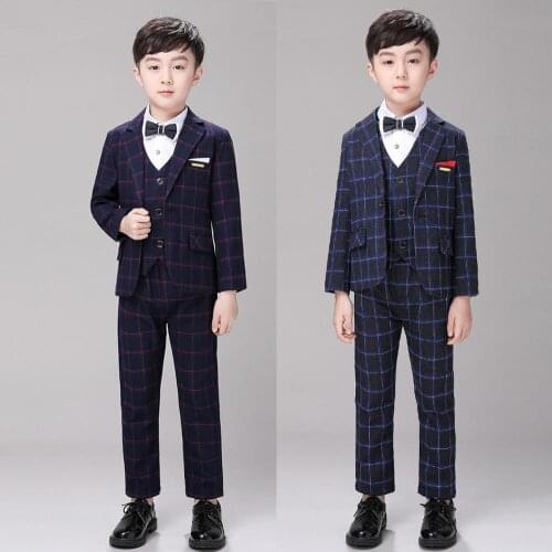 Formal Red Plaid Boys Suits 3 Pieces Set Summer Autumn Children Prom Wedding Suit Blazer Oversize Kids Tuxedo Jacket Pants Vest