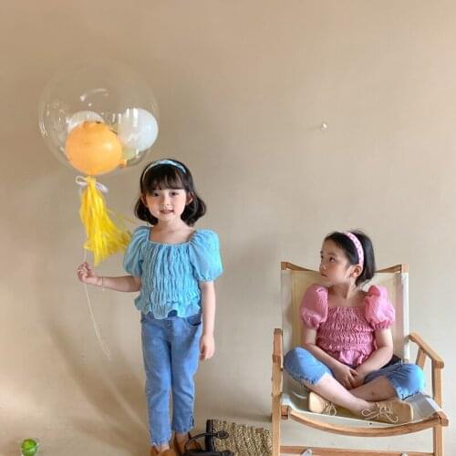 Girls' Short Sleeve 2021 Summer New Childrens Cure Sweet Bubble Sleeve Light Thin Breathable Elastic Top Girl Korean Shirt