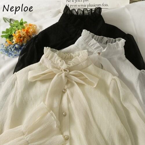 Neploe Bow Knot Edible Tree Fungus Stand Collar Female Tops Micro-transparent Bottoming Shirt Women Single-breasted Loose Shirts
