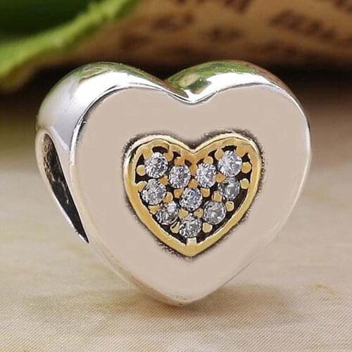 Original Gold PAN Two-Tone Signature Heart With Crystal Charm Fit 925 Sterling Silver Bead Charm Bracelet DIY Jewelry