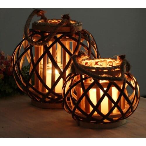 Living Room Tealight Holder Hanging Windproof Crafts Festival Home Decor Round Wedding Vintage Wooden Wicker Lantern Candlestick