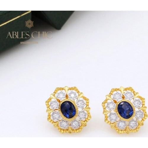18K Gold Tone 925 Silver Filigree Flower Solitaire Sapphire CZ Earrings Gemstone Blossoms Renaissance Studs Earring C11E4S25388