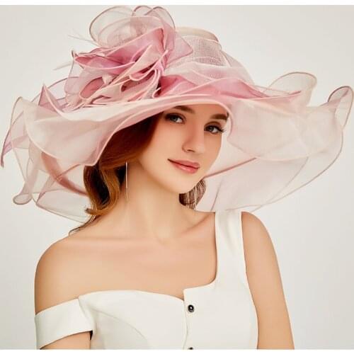 Pink Kentucky Derby Church Bridal Hats For Women Organza Sun Flowers Elegant Summer Large Wide Brim Ladies Wedding Hat 2021