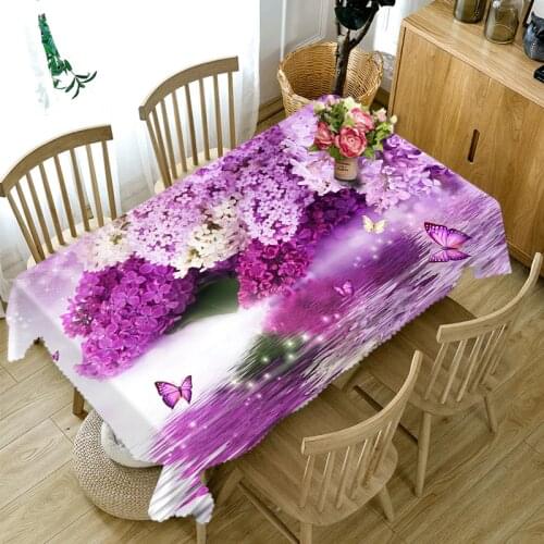 Custom Polyester 3D Tablecloth Purple Violet Flowers Pattern Dustproof Thicken Dining table cloth Party Decoration Home textile