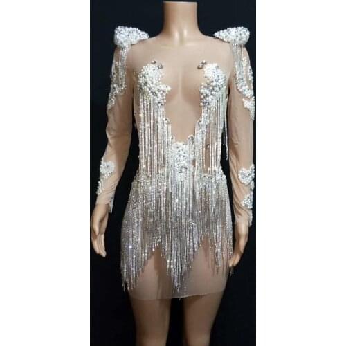 Pearl Rhinestones Fringes Short Bodycon Dress Stage Wear See Through Dance Outfit Women Birthday Celebrate Outfit Tassels Dress
