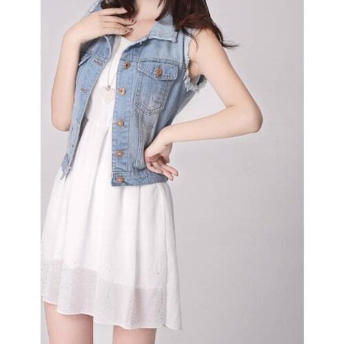 Spring Denim Vest Casual Coat Vintage Jean Cardigan Female Clothing Women Sleeveless Turn-down Collar Breasted Denim Jacket 2021