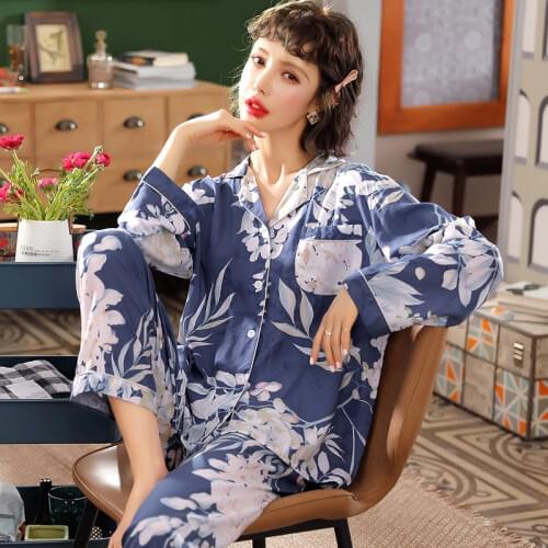100% Cotton Women Pajamas Sets Women Home Clothes Autumn Winter Pyjamas Flower Print Long Sleeve Turn-down Collar 2pcs Sleepwear