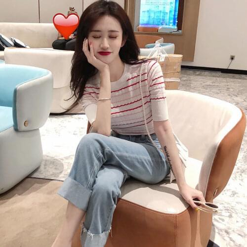 Girls Two-piece Suit 2021 Summer New Style Korean Fashion Striped Round Neck Short-sleeved Top + Jeans Suit Women