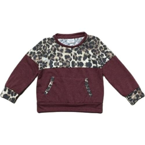 GirlyMax Fall Winter Girl Leopard Maroon Raglan Kids Long Sleeve Pocket Top