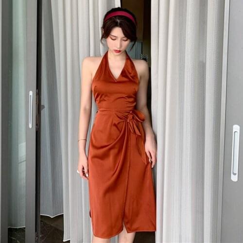 Women Midi Caramel Satin Halter Dress Summer 2021 Sexy Slim Backless Korean Party Night Club Runway Vestidos New