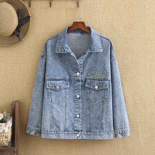 Women Plus Size Short Coat Long Sleeves Lapels Multiple Buttons Multiple Pockets Embroidered Alphabet Jean Jacket Spring Fall