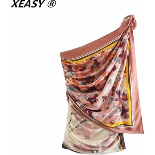 XEASY 2021Women Fashion Bow Tied Pleated Print Chic Asymmetric Dress Vintage Sleeveless Side Zipper Female Mini Dresses Vestidos