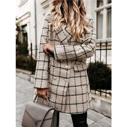 Autumn and Winter Hot Style Women Long-Sleeved Wool Coat Plaid Print V-Neck Definition Waist Double-Breasted Slim Woolen Coat