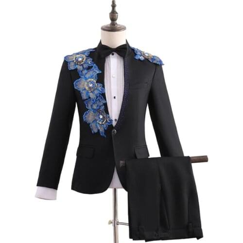 Black clothes men embroidered suits designs stage costumes for singers jacket men sequins blazer dance star style dress punk