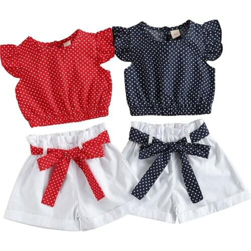 Citgeett Summer Kids Baby Girls Suit Set Polka Dot Print Fly Sleeve Tops+ Shorts Waist Belt Clothes Set