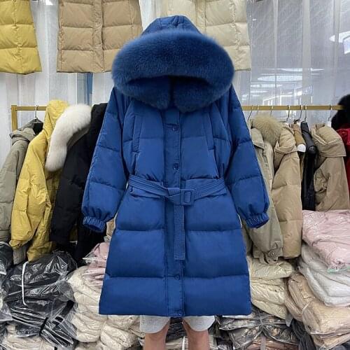 Natural Fox Fur Hooded Long Down Coat Women Belt Puffer Winter Female Parkas 90% White Duck Down Jacket Feather Overcoat