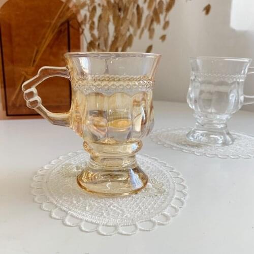 French Relief Romantic Amber Coffee Cup Milk Yogurt Cup Transparent Glass Beer Glass Whiskey Glass Cup Heat-Resistant Handle Cup