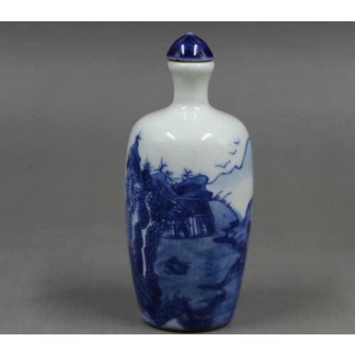 Chinese Blue and White Porcelain Qing Kangxi Mountain Design Snuff Bottle 3.3"