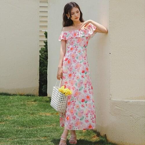 Summer Vintage Puff Sleeve Beach Maxi Dress Party Ladies Elegant Streetwear Casual Off-Shoulder Floral Print Vacation Dress Robe