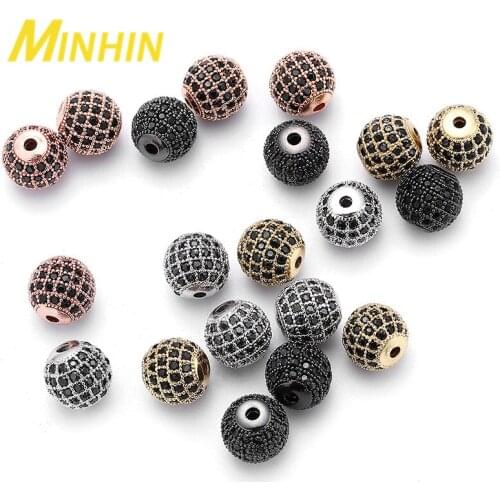 MINHIN 3pcs/lot 10mm/12mm Luxury Micro Pave Zircon Spacer Beads for DIY Jewelry Round Ball Shape Charms for Bracelet Making