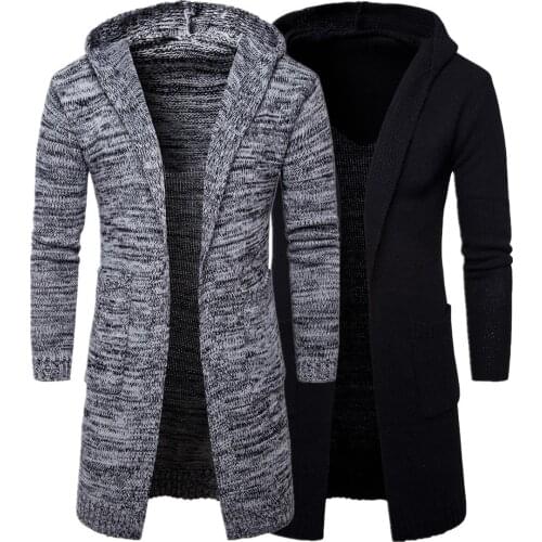 Mens Hooded Knit Sweater Coat Slim Fit Cardigan Trench Long Jacket New Hoodie Thickened Sweater Coat