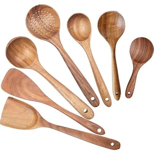 Natural Teak Scullery Set 7PCS Non Stick Kitchen Cooking Tools Flipper Skimmer Spoon Soup Ladle Flipper Wooden Tableware Kit