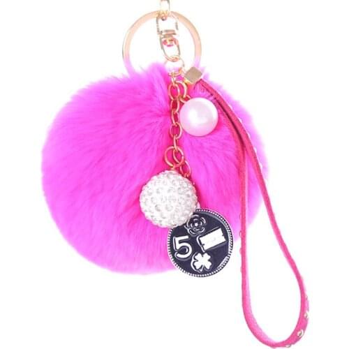 New Real Rabbit Fur Ball Keychain with Pearl PomPom Fluffy Key Ring Women Holder Charm Bag Purse Car Key Chains Jewelry GL5013