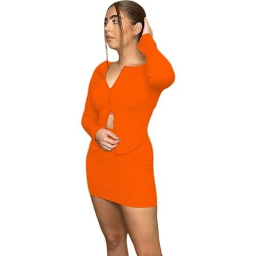 Bodycon Outfits for Women Long Sleeve Cropped Front Zipper Knitted Top and Skirt Two Pieces Ooutfit Casual Summer