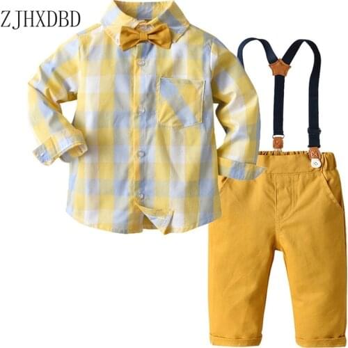 Autumn 2021 Long-Sleeved Goose Yellow Plaid Shirt Strap Trousers Two-Piece Suit Gentlemans Blazers Costume Childrens Clothing