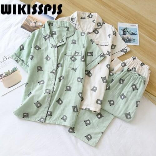 Summer Couple Pajamas Short Sleeve Trousers Thin Gauze Spring and Autumn Two Piece Set Mens Casual Home Wear Kawaii Pajama