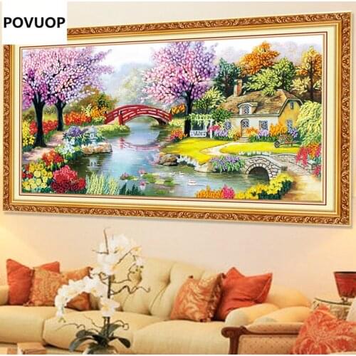 POVUOP Diy ribbon embroidery 100X55cm thomas new land of idyllic beauty scenery three-dimensional embroidery paintings